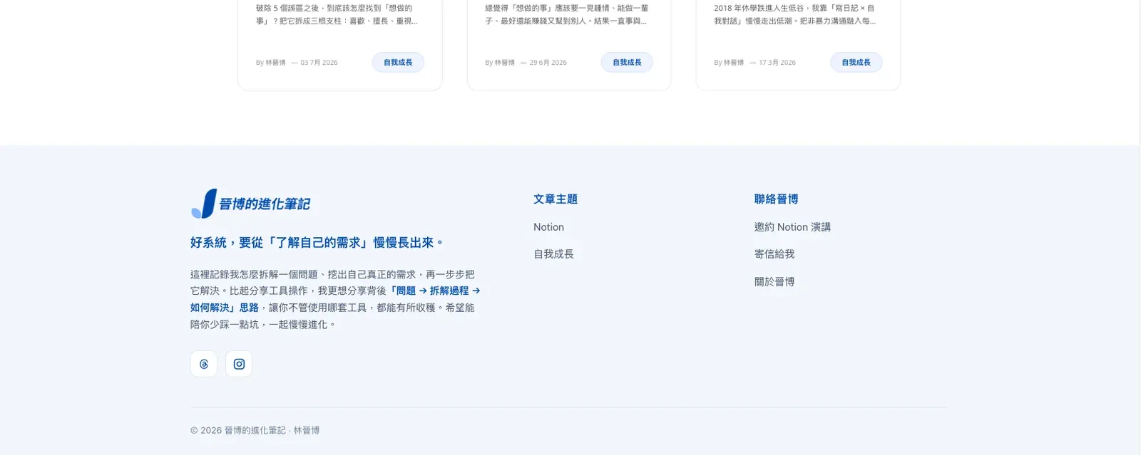 網站底部的固定資訊區塊：品牌理念、文章主題與聯絡方式