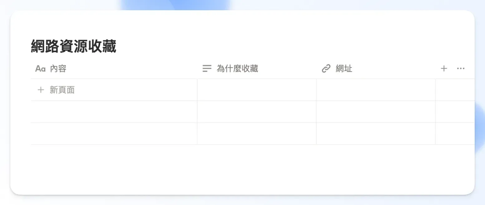 在 Notion 建立「網路資源收藏」資料庫的畫面